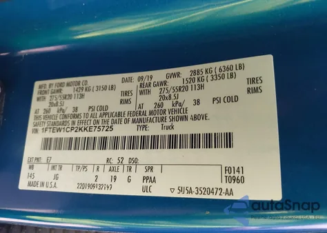 2019 Ford F150 Xl из США, поврежденный, VIN 1FTEW1CP2KKE75725